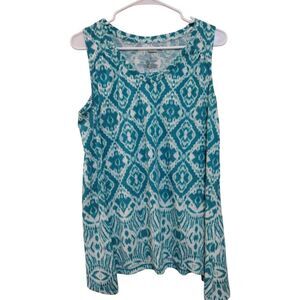 Sonoma Blouse Women Large‎ Teal Tank Geometric Asymmetric Flowy Pleated Aztec